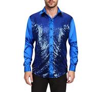 AIEOE Chemise à manches longues pour homme Style disco avec sequins métalliques et brillants, boutonnée, idéale pour les soirées clubbing, bleu, XXL
