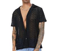 AIEOE Chemise d'été en dentelle pour homme - Manches courtes - Transparent - Chemise décontractée en dentelle - Col en V - Chemise d'été décontractée, Noir , M