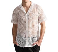 AIEOE Chemise pour homme, en dentelle florale, à manches courtes, avec boutons, sexy, légère, pour boîte de nuit, fête, taille S à XXL, Blanc., XL