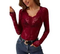 AIEOE Femmes Blouse Motif Fleur Femmes Tops Sexy Col V Transparent Dentelle Transparente Filet Haut Taille M Rouge