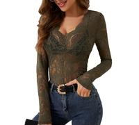 AIEOE Femmes Blouse Motif Fleur Femmes Tops Sexy Col V Transparent Dentelle Transparente Filet Haut Taille M Vert