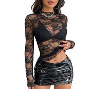 AIEOE Hauts à Manches Longues en Dentelle Extensible avec Motifs Floraux Transparents Sexy Taille L Noir