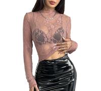 AIEOE Hauts à Manches Longues en Dentelle Extensible avec Motifs Floraux Transparents Sexy Taille L Rose