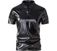 AIEOE Henley Chemise métallique brillante à paillettes pour homme Style années 70 Disco Party Club Wear Slim Fit Chemise de nuit Chemise de loisirs - Tailles S, M, L, XL, XXL/manches courtes/manches