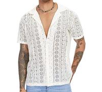 AIEOE Hommes T-Shirt à Manches Courtes Chemise en Dentelle Respirante Haut Sexy Clubwear Haut Blanc EU Taille S/Taille Label M