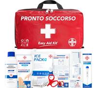 AIESI® Trousse de Premiers Secours professionnelle avec THERMOMÈTRE ET DÉSINFECTANT pour voiture maison voyage bateau moto trekking EASY AID KIT, Sac d'urgence complet pour médication, Made in Italy