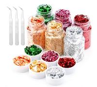 AIEX 6 bouteilles de flocons de feuille d'or avec 3 pinces à épiler, paillettes de dorure métallisée à feuille d'imitation pour l'art des ongles, l'art de la résine(6 couleurs, 3g pour chaque couleur)