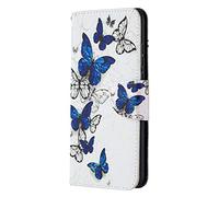 AIFILLE Blanche Etui en PU Cuir Coque de Telephone Portable pour Honor 9X Lite Brillant Papillons Blanc Bleu Motif Antichoc Pochette Femme Housse avec Fonction Support Porte Carte de Crédit Bumper