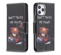 AIFILLE Compatible avec iPhone 12 2020 Noir Coque Motif Animaux Ours Brun Don't Touch My Phone Pochette Garçon Etui a Rabat en Cuir PU Anti Choc Protection Rigide Telephone Portable Accessoires