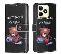AIFILLE Compatible avec Realme C53 Noir Coque Garçon Housse avec Motif Animaux Ours Brun Don't Touch My Phone Pochette Etui a Rabat en Cuir Antichoc Protection Rigide Telephone Portable Accessoires
