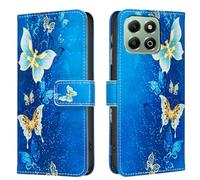 AIFILLE Compatible pour Honor X6b 4G Coque Bleu Antichoc Housse en Cuir PU Cover avec ID Carte de Crédit Slot Fermeture Magnétique Flip Étui à Rabat et Folio avec Motif Animaux Papillon Bleu Clair Or
