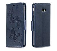 AIFILLE Coque Compatible avec Samsung J4 Plus 6 Pouces Antichoc 360 Protection en Cuir PU Souple Rigide avec Motif Animaux Papillons Bleu Marine Flip Pochette Etui Rabat Support Fonction Housse