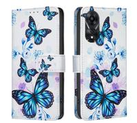 AIFILLE Etui en PU Cuir Coque de Telephone Portable Compatible pour Oppo A78 5G Bleu Noir Papillon Motif Pochette Fille Femme Blanc Antichoc Housse avec Fonction Support Porte Carte de Crédit Bumper