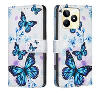 AIFILLE Etui en PU Cuir Coque de Telephone Portable Compatible pour Realme C53 Bleu Noir Papillon Motif Pochette Fille Femme Blanc Antichoc Housse avec Fonction Support Porte Carte de Crédit Bumper