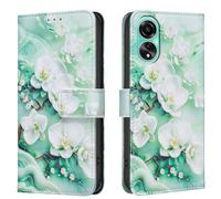 AIFILLE Pochette Coque de Téléphone Compatible pour Oppo A78 4G Vert Cover 360 Antichoc Full Body PU Cuir Etui a Rabat Motif Blanc Fleur Housse Protection avec Fermeture Magnétique Fonction Support