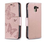 AIFILLE Porte Carte Flip Coque J6 2018 Rose Or Motif Élégant Papillons Portefeuille Femme Étui a Rabat Housse en Cuir PU Compatible avec Samsung Galaxy J6 2018 SM-J600 Antichoc 360 Protection Rigide