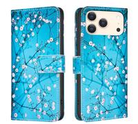 AIFILLE Portefeuille Femme Coque en Cuir de Protection Compatible pour iPhone 17 Pro Bleu avec Motif Élégant Fleur Rose Folio Housse a Rabat Magnétique à Clapet Porte Carte de Crédit Etui Bumper Skin