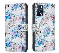 AIFILLE Portefeuille Fille Coque en PU Cuir de Protection Compatible pour Oppo A16/A16s Blanc avec Motif Bleu Rose Fleurs Housse a Rabat Porte Carte de Crédit Etui pour Oppo A16/A16s/A55 5G 6,5"