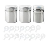 AIFUDA Lot de 3 shaker en acier inoxydable avec 16 moules imprimantes, boîtes en poudre avec filet pour café, cappuccino, lait, shaker à dragues avec trou pour cuisine, restaurants