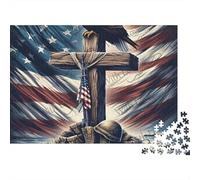 Aigle Drapeau américain Difficile, Puzzle 1000 pièces pour Adultes, Soldat, mémorial, Croix, Aigle, Drapeau, Premium épais Robuste Haute qualité, Vibrant, Stimulant, Anti-Stress, 52x38cm/1000pcs