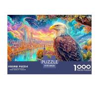 Aigle surplombe la Ville Lumineuse au Bord de la rivière au crépuscule Puzzle De 1000 Pièces Eagle Parfait pour Les Soirées De Jeux, Adultes Et Enfants 38x26cm/1000pcs