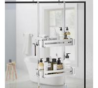 AIGOCITY Étagère de douche à suspendre, étagère de douche sans perçage argentée pour portes de douche en verre avec 6 crochets, pour le rangement de shampooing et gel douche dans la salle de bain