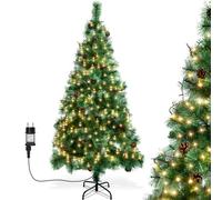 Aigostar 180cm Sapin de Noël Artificiel avec Guirlande Lumineuse LED 18M, 8 Modes d'Éclairage, 300 LED Lumières Blanche Chaude, Branches avec aiguilles de pin et pommes de pin, inclus Support en Métal
