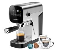 Aigostar Barista - Machine à café Expresso et Cappuccino, Compatible avec capsules et café moulu, 20 Bars, Écran Tactile Digital, 1 ou 2 tasses, Cafetiere avec mousseur à lait, 0,9 L, 1350 W, Inox