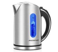 Aigostar Bouilloire Electrique Inox 1,7 litres - Ébullition Rapide Bouilloire électrique 2200W, Fenêtre de Visualisation Avec éclairage LED, Sans Fil, Sans BPA, Avec Filtre, Arrêt Automatique