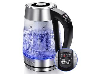 Aigostar Cris - Bouilloire en verre Température Réglable 2200W, 1.7L. Thermostat Réglable (60 à 100ºC) et fonction maintien au chaud, Filtre à thé amovible, éclairage LED de couleurs, Sans BPA.