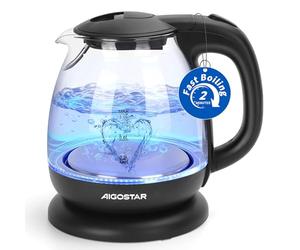 Aigostar Elfin - Bouilloire électrique, Mini Bouilloire en Verre borosilicaté avec illumination LED. 2200W, capacité de 1L, sans BPA. Ébullition rapide, protection contre l’ébullition à vide, Noire