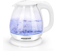 Aigostar Elvin - Bouilloire électrique, Mini Bouilloire en Verre borosilicaté avec illumination LED. 2200W, capacité de 1L, sans BPA, Ébullition rapide, protection contre l’ébullition à vide, Blanc