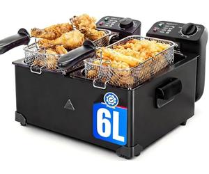 Aigostar Feast - Friteuse à double cuve indépendantes 0% BPA. 3600W, capacité totale 6L : 2 x 3L. 2 thermostats, 2 couvercles avec filtres et fenêtres et 2 paniers. Entièrement démontable.
