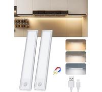 Aigostar lampe LED de placard avec capteur de mouvement et batterie rechargeable, LED cuisine sous meuble luminosité et couleur réglables, lampe LED adhésive et magnétique 20.4cm, 2 pièces
