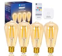 Aigostar Mesh - Ampoule Connectée Alexa E27 Bluetooth Mesh ST64, Ampoule LED Edison Vintage Lampe à Filament Dimmable 6W 2700K-6500K, Compatible avec Alexa, 4 Unité (avec Passerelle et Télécommande)