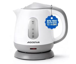 Aigostar Mini Bouilloire Electrique de Voyage 1L Blanche Gris - Petite Bouilloire électrique Portable 1100W, Ébullition Rapide, Fermeture Auto, Sans BPA, Filtre Anticalcaire, Facile à Nettoyer