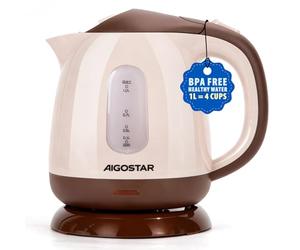 Aigostar Mini Bouilloire Electrique de Voyage 1L Marron - Petite Bouilloire électrique Portable 1100W, Ébullition Rapide, Fermeture Auto, Sans BPA, Filtre Anticalcaire, Facile à Nettoyer