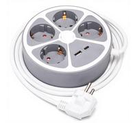 Aigostar Multiprise avec cordon - 4 prises Schuko - 3G1,0 mm² - 1,5 m - USB (1A1C) - avec interrupteur - forme disque - Blanc et Gris - PP
