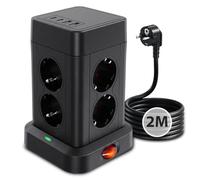Aigostar Multiprise avec Interrupteur, Tour Multiprise 8 Prises et 4 USB（2 USB-A&2 USB-C Max 5V/3.4A), Parafoudre et Surtension, 2M Câble à la Maison et au Bureau Noir Prise de Type Allemand
