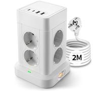 Aigostar Multiprise avec Interrupteur, Tour Multiprise 8 Prises et 4 USB（2 USB-A&2 USB-C Max 5V/3.4A), Parafoudre et Surtension, 2M Câble à la Maison et au Bureau Blanc Prise de Type Allemand
