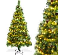 Aigostar Sapin de Noël Artificiel 180 cm avec Guirlande Lumineuse LED 18 M，8 Modes d'Éclairage，300 LED Lumières Blanche Chaude，Branches avec Aiguilles de pin et Pommes de pin，Inclus Support en Métal