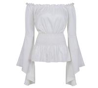 AIGOUT Chemisier gothique pirate pour femme - Corset ajusté à manches cloches | Haut Renaissance à épaules dénudées à manches longues, blanc, XS