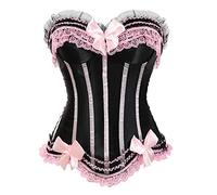 AIGOUT Corset push-up grande taille pour femme - Corset en dentelle avec nœud en arête de poisson avec corsage rayé en satin | Vêtement galbant à lacets pour Halloween Cosplay (noir/rose, S)