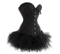 AIGOUT Corset vintage brodé en brocart jacquard avec tutu - Bord drapé en arête de poisson - Robe corset gothique pour femme (noir, 4XL)