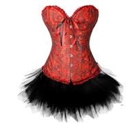 AIGOUT Corset vintage brodé en brocart jacquard avec tutu - Bord drapé en arête de poisson - Robe corset gothique pour femme - Vêtement de danse (rouge foncé, M)