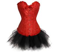 AIGOUT Corset vintage brodé en brocart jacquard avec tutu - Bord drapé en arête de poisson - Robe corset gothique pour femme (rouge, XL)