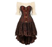 AIGOUT Ensemble 3 pièces de corsets steampunk pour femme - Ensemble bustier vintage en brocart gothique clouté avec chaîne cloutée et arête de poisson (marron, taille S)