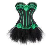 AIGOUT Ensemble corset gothique pour femme - Jupe tutu en dentelle avec nœud en dentelle et arête de poisson rayée mini jupe en tulle deux pièces pour Halloween, steampunk pirate cosplay (vert, XXL)