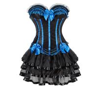 AIGOUT Ensemble corset gothique vintage de style cour en dentelle avec nœud en arête de poisson avec jupe bouquet gothique (bleu 1, XS)