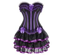 AIGOUT Ensemble corset gothique vintage de style cour en dentelle avec nœud en arête de poisson avec jupe bouquet gothique (violet, taille XS)